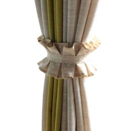 2 Pcs Curtain Tiebacks Cotton Lace Pleated Curtain Ties for Window Curtain Accessories, Beige - Default