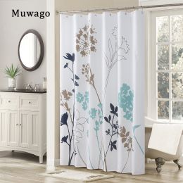 Muwago Silhouette Dandelion Floral Plants Printed Shower Curtain Bathing Cover Polyester Waterproof Blue Leaves Bathroom Curtain - W72"*H72"