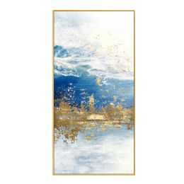 100% Handmade Modern Abstract Gold foil lines Blue Canvas Art Paintings For Living Room Bedroom Posters  Wall Poster Home Decor - 50x100cm