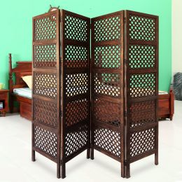 Decorative Four Panel Mango Wood Hinged Room Divider with Circular Cutout Design; Brown - BM01876