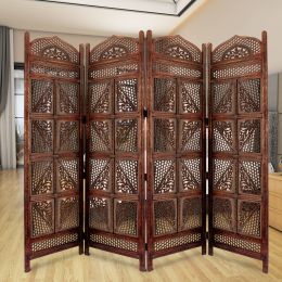 Traditional Four Panel Wooden Room Divider with Hand Carved Details; Antique Brown - BM01866