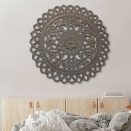 36 Inch Handcarved Wooden Round Wall Art with Floral Carving; Distressed Brown - UPT-225288