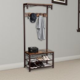 Wood and Metal Frame Hall Tree with 5 Dual Hooks; Rustic Brown and Black - BM195868