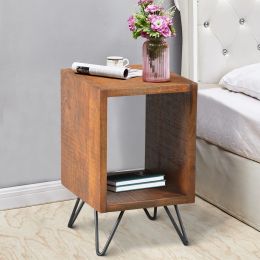 22 Inch Textured Cube Shape Wooden Nightstand with Angular Legs; Brown and Black - UPT-204787