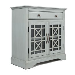 Craftsman Series 32 Inch Wooden Accent Cabinet with Fretwork Glass Front; Earl Gray - BM184060