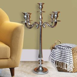 24 Inches Handcrafted 5 Arms Aluminum Candelabra in Traditional Style; Polished Silver - BM01832