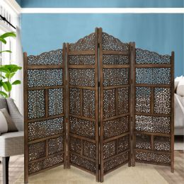 Hand Carved Foldable 4 Panel Wooden Partition Screen/RoomDivider; Brown - BM01875