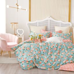 Tiffany Blue/Orange Rose 100% Cotton Reversible Comforter Set  - Queen/Full