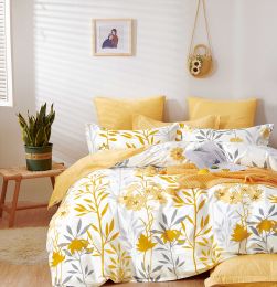 Autumn Yellow Floral 100% Cotton Reversible Comforter Set  - Queen/Full