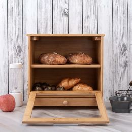 Extra Large Bread Box;  Bamboo Bread Box for Kitchen Counter;  Removable 2 Tiers;  Clear Front Window and Tool Drawer;  Large Capacity Bread Holder. -