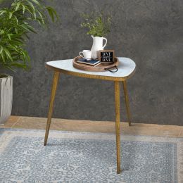 21 Inch Modern Side Accent Table; Rounded Triangle Pick Marble Top; Hammered Design; Brass; White; DunaWest - Default
