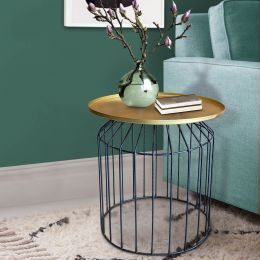 19 Inch Round Side End Accent Table; Iron; Slatted Cage Design; Powder Coated; Black; Gold; DunaWest - Default