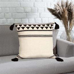 18 x 18 Square Cotton Accent Throw Pillow with Simple Striped Pattern and Tassels; White and Black; DunaWest - Default