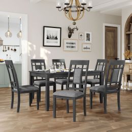 7-Piece Farmhouse Rustic Wooden Dining Table Set Kitchen Furniture Set with 6 Padded Dining Chairs - Gray