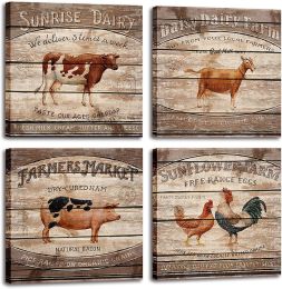 Vintage Animals Canvas Wall Art Farm Pictures Cute Cow Sheep Pig Rooster Painting for Home Dining Room Kitchen Farmhouse Decoration - 12inchx12inchx4p