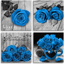 Blue Flower Canvas Prints Wall Art Bedroom Decor,Rose Floral Pictures for bathroom Couples Bedroom Living room Decorations ,12 x 12" 4 Panels - blue -