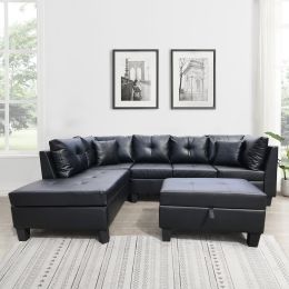 Three Piece sofa with three-seat sofa, one  Left chaise lounge, one  storage ottoman, seven  back cushions two  throw pillows (BLACK PU) - BLACK