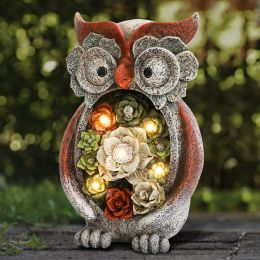 Garden Statue Owl Figurines,Solar Powered Resin Animal Sculpture with 5 Led Lights for Patio,Lawn, Garden Decor - gray