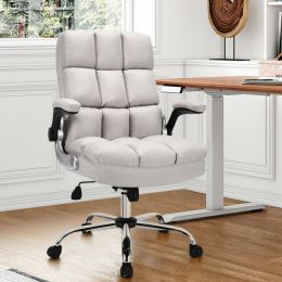 Adjustable Swivel Office Chair with High Back and Flip-up Arm for Home and Office - Beige