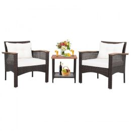 3 Pieces Patio Rattan Furniture Set with Acacia Wood Tabletop - as show
