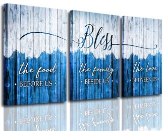 Canvas Wall Art for Dining Room Wall Decor | "Bless The Food Before Us" Picture Canvas Prints | Motivational Blue Wall Art | Blue Family Painting Fram