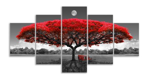 Canvas Wall Art Red Tree Wall Art with Moon Black and White Landscape Pictures for Wall Decor Large Pictures for Living Room 5 Pieces - 12x16inchx2pcs