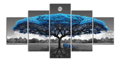 Canvas Wall Art Blue Tree Canvas Print Picture Black and White Landscape Painting Modern Artwork Canvas Art for Living Room Bedroom Decor Large 5 Piec