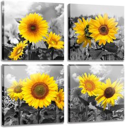 4 Pieces Sunflower Wall Art Black and Yellow Pictures for Living Room Floral Paintings for Wall Decorations - 12x12inchx4pcs ( 30x30cmx4pcs)