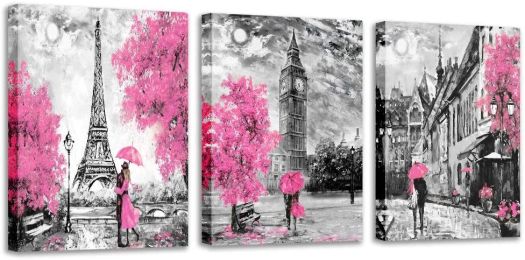 Black and White Wall Art Girls Pink Paris Theme Canvas Prints Eiffel Tower Wall Paintings London Big Ben Pictures for Bedroom Living Room Bathroom Wal