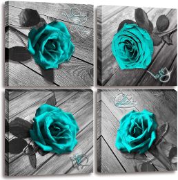 Canvas Wall Art Teal Blue Rose Canvas Prints Black and White Turquoise Floral Artwork Modern Frame Flower Pictures Canvas Art Wall Decor for Bedroom L