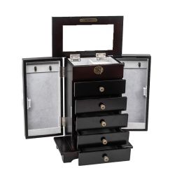 Wooden Jewelry Box Organizer Wood Cabinet 6 Layers Case with 5 Drawers- Brown - Black