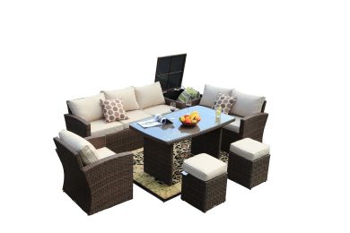 Direct Wicker 7 PCS Outdoor PE Rattan Wicker Sofa Rattan Patio Garden Furniture, With Wide Cabinet, Gray - Brown