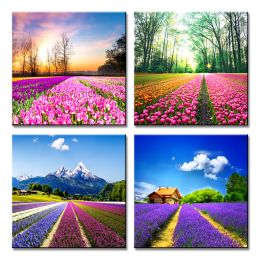 Canvas Prints Tulip Lavender Field Wall Art Colorful Flowers Artworks on Canvas Landscape Painting Framed for Modern Home Decoration  - purple