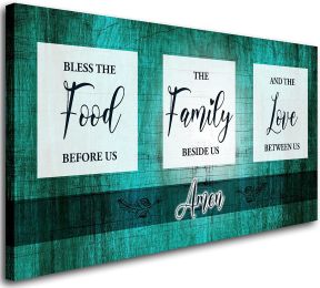 Wall Art for Living Room; Canvas Wall Art ''Bless The Food Before Us'' Quote Painting; Green Canvas Prints Picture Wall Decor; Dining Room Bedroom Hom
