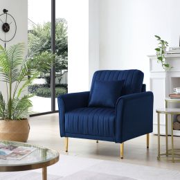 Velvet Accent Chair Round Arm Chair with Gold Legs; Upholstered Single Sofa for Living Room Bedroom; Navy Blue with 1 Throw Pillow - as pic