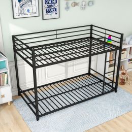 Metal Bunk Bed Twin-Over-Twin; Low Bunk Bed with Metal Frame and Ladder; No Box Spring Needed Black - as pic
