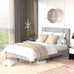 Queen Size Bed Frame; Gray Velvet Upholstered Platform Bed with Full Headboard; Mattress Foundation; Strong Wood Slat Support Bed Frames; No Box Sprin