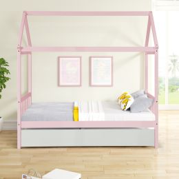 WARM PINK TWIN HOUSE BED WITH WHITE TWIN TRUNDLE - as pic