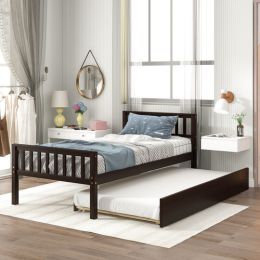 Twin Bed with Trundle; Platform Bed Frame with Headboard and Footboard; for Bedroom Small Living Space; No Box Spring Needed; Espresso - as pic