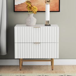 Nightstand with 2 Drawers & Golden Handle;   Storage Bedside Table  - White