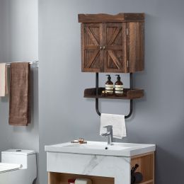 Rustic Bathroom Wall Cabinet;  Medicine Cabinet with Adjustable Shelf;  Open Shelf and Towel Bar - brown
