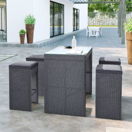 5-piece Rattan Outdoor Patio Furniture Set Bar Dining Table Set with 4 Stools; Gray Cushion+Gray Wicker - Rattan - Gray