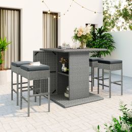 Patio 5-Piece Rattan Dining Table Set; PE Wicker Square Kitchen Table Set with Storage Shelf and 4 Padded Stools for Poolside; Garden; Gray Wicker+Dar