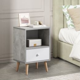 Mid-Century Wood Nightstand Set of 2;  Bed Sofa Side Table with Drawer and Shelf;  Modern End Table for Living Room Bedroom Office - Gray+White+Natura