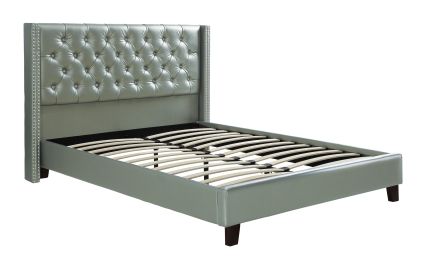 Full Size Bed 1pc Bed Set Silver Faux Leather Upholstered Tufted Bed Frame Headboard Bedroom Furniture - as pic