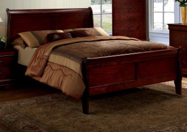 Queen Size Bed Cherry Louis Phillipe Solidwood 1pc Bed Bedroom Sleigh Bed Bedroom Furniture - as pic