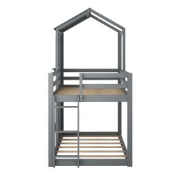 Twin Over Twin Bunk Bed Wood Bed with Roof; Window; Guardrail; Ladder (Gray) - as pic