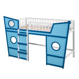Twin Size Boat Shape Loft Bed with Ladder-Blue - as pic