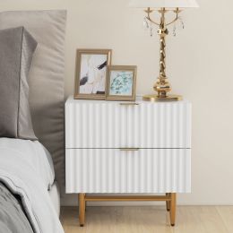 Nightstand with 2 Drawers & Golden Handle;   Storage Bedside Table with USB Charging Ports - White - White