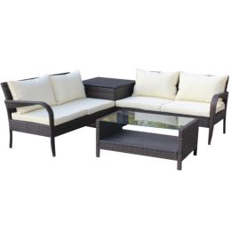 4 Piece Patio Sectional Wicker Rattan Outdoor Furniture Sofa Set with Storage Box Brown - Brown
